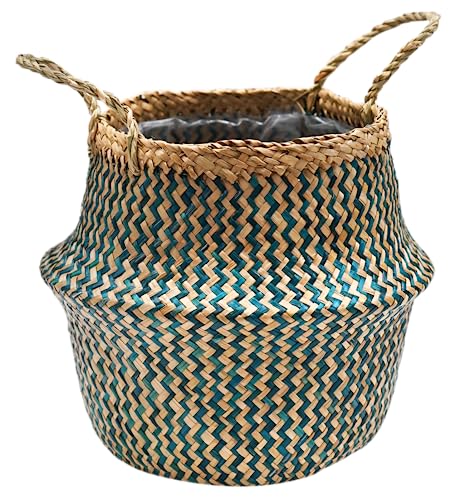 Ivyline Small Seagrass Chevron Lined Basket in Teal - Waterproof and Lightweight - Woven Seagrass Holder with Handles for Houseplants - H25cm x D30cm