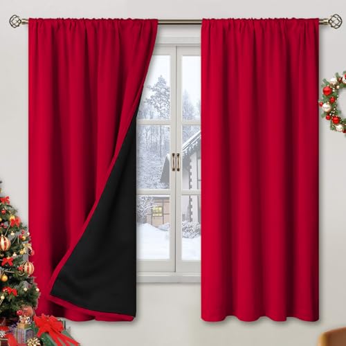 BGment Blackout Curtains for Bedroom 63 Inch Length 2 Panels Set, Thermal Insulated Bedroom Curtains Christmas Window Curtains Rod Pocket Room Darkening Drapes, 42 x 63 Inch, Red