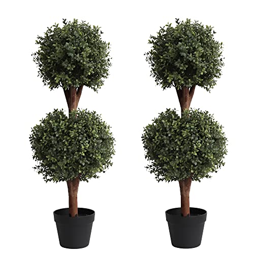 ???Set of 2??? Lifelike 3Ft arfiticial Double Ball Topiary Trees Outdoor Faux Topiary Tree for Out Door Porch Decor