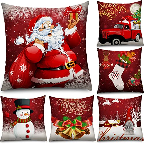 Tatuo 6 Pcs Christmas Pillow Covers Throw Cases, Funny Style, 20 x 20 In - Square Cushion Covers, Santa Snowman Truck Reindeer Bell Stocking Designs, Sofa Bedroom Office Holiday Festive Decorations