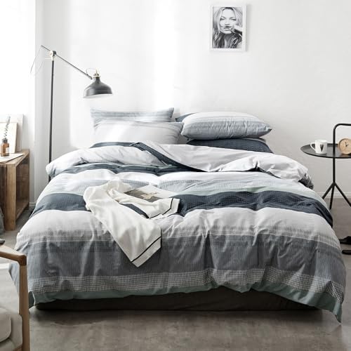 "VM VOUGEMARKET Stripes Duvet Cover Set Twin,Blue Green Striped Duvet Cover with 2 Pillowcases for Teens,100% Cotton Modern Cozy Comforter Cover with Zipper Closure & Corner Ties 68""x90""(3pcs,Twin XL)"