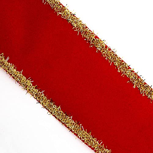 Italian Options Wired-Edge Red Velvet Ribbon, Luxury, Wide Christmas Ribbon, Wired Ribbons for Crafts, Gift Wrapping, Wreaths, Tree Decorations, Red, Gold Tinsel, 63 mm x 10 Metre Roll