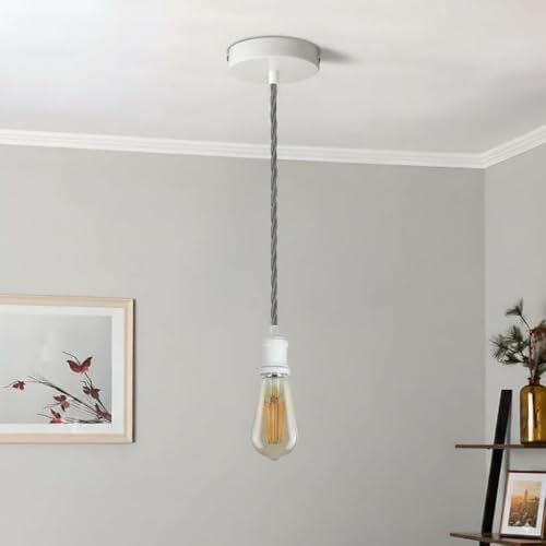 LEDSone Vintage Industrial E27 Pendant Light – White Ceiling Rose with Grey Twisted Braided Cable, Adjustable Hanging Lamp Holder for Kitchen Island, Bar & Loft Lighting