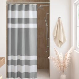 "Madison Park Shower Curtain Waffle Weave Striped Pieced Design Fabric Shower Curtain with 3M Scotchgard Moisture Management Premium Spa Quality Modern Shower Curtains for Bathroom Stall 54""x78"" Grey"