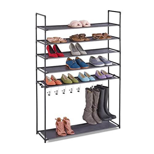 Relaxdays 6 levels, Plug-in System, Hallway Rack, 20 Pairs of Shoes, 7 Boot Hooks, Metal & Fabric, Black, Steel, 153 x 99 x 30 cm