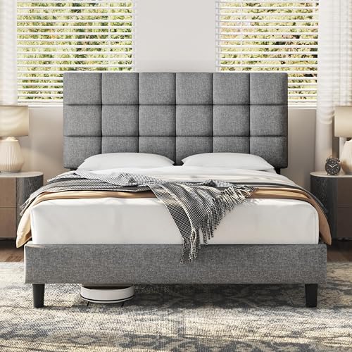 Yaheetech 5ft Bed Frame, Upholstered Headboard, Light Gray