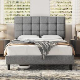 Yaheetech 5ft Bed Frame, Upholstered Headboard, Light Gray