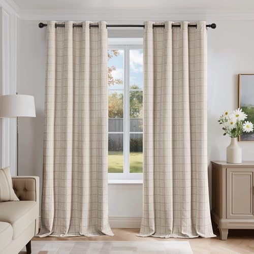 Beauoop Beige Plaid Jacquard Blackout Curtains for Bedroom 52x72 2 Panels - Gingham Checkered Room Darkening Drapes for Living Room 72 Inch Long Thermal Insulated Soundproof Window treatment Grommet