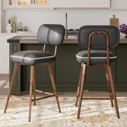 MALOL PU Leather Breakfast Bar Stools Set of 2, Swivel Kitchen Bar Chairs with Backrest and Metal Legs, Modern Barstools Counter with Anti-Slip Pads for Kitchen Island, Dining Room, Black