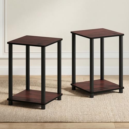Furinno TURN-N-TUBE Toolless Assembly Side Table Set of 2, Stackable 2-Tier Brown End Table with Open Shelf, Night Stand, Bedside Table, for Living Room, Bedroom, Cherry Oak