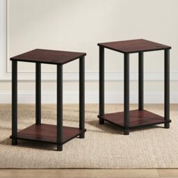 Furinno TURN-N-TUBE Toolless Assembly Side Table Set of 2, Stackable 2-Tier Brown End Table with Open Shelf, Night Stand, Bedside Table, for Living Room, Bedroom, Cherry Oak