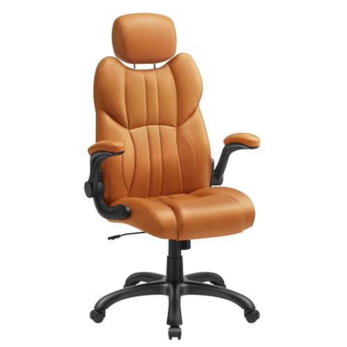 SONGMICS Office Chair, Ergonomic Gaming Chair, Adjustable Headrest, Tilt Function, Foldable Armrests, Swivel Castors, Adjustable Height, E-sports Chair, Caramel Brown OBG065K11