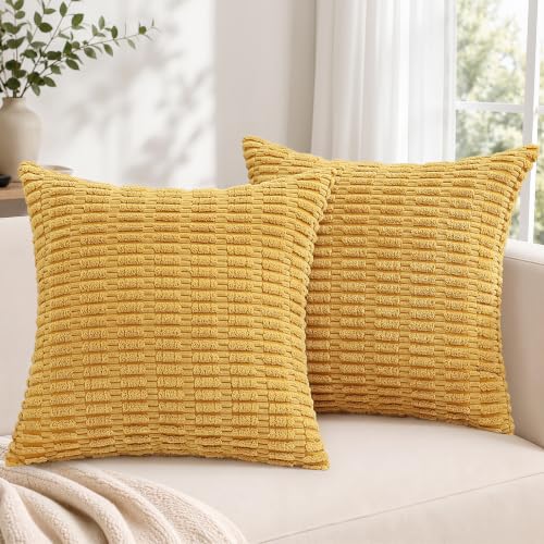decorUhome Mustard Yellow Corduroy Throw Pillow Covers 16x16 Set of 2 - Boho Striped Decorative Lumbar Pillowcases Accent Modern Farmhouse Neutral Twill Pillow Covers for Bed Sofa Living Room