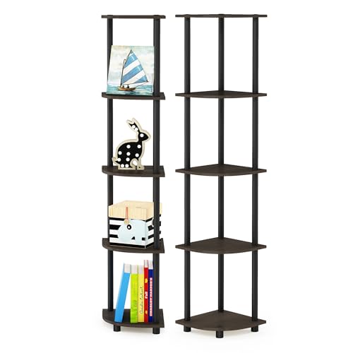 Furinno TURN-N-TUBE Corner Shelf Set of 2, 5-Tier Corner Bookshelf, Open Storage Shelves, for Organization and Storage, Living Room, Home Office, Garage, Dark Brown Grain