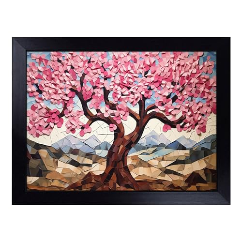 Lap Tray with Bean Bag Cushion, Cherry Blossom Tree Cubism - Handmade in the UK, Raised Wooden Edge, Padded Cushion, Heat-Resistant Wipe-Clean Surface, for Meals, Laptops and Crafts