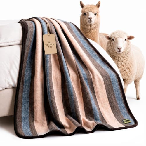 Desert Breeze Distributing Alpaca and Sheep Wool Blanket, Soft and Thick, 72 x 88 inches Full/Queen, Earth Tones with Tan Stripes, Andean Collection, Made in Peru