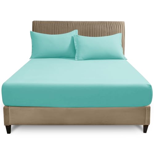 GC GAVENO CAVAILIA King Size Fitted Sheet - Deep 25cm Polycotton Bed Sheet - Breathable & Smooth Easy Care Bedding with Elastic Corners - Aqua Mattress Sheet - 150 x 200 cm