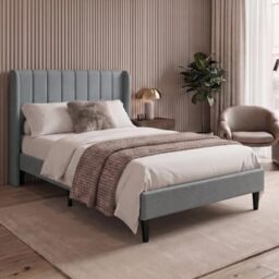 Vida Designs Vianna King Fabric Bed Frame - Light Grey Linen - 104H x 158.5W x 208D cm - Soft Cushioned Headboard - Underbed Storage - Slatted Base - Minimalist Style