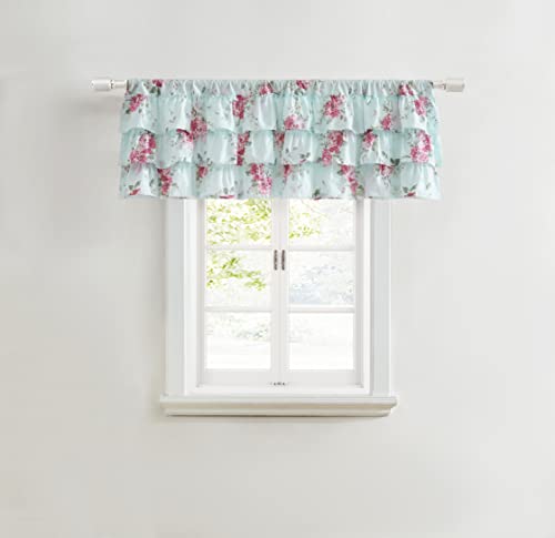 "Shabby Chic - Cotton Percale Pole Top Valance, Ruffled Floral Window Curtains (Chloe Blue, 52"" x 18"")"