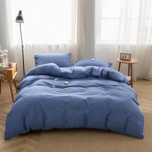 FACE TWO FACE Bedding Duvet Cover Set100% Washed Cotton Duvet Cover Linen Like Textured Breathable Durable Soft Comfy (Full, Navy Blue)