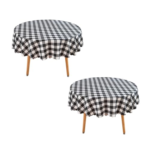 "MANGATA CASA Black Gingham Round Tablecloth-2Pcs Checkered Table Cloth Waterproof Kitchen & Table Linens-Polyester Buffalo Plaid Wrinkle Free Table Cover(Black 60"" Round-2Pack)"
