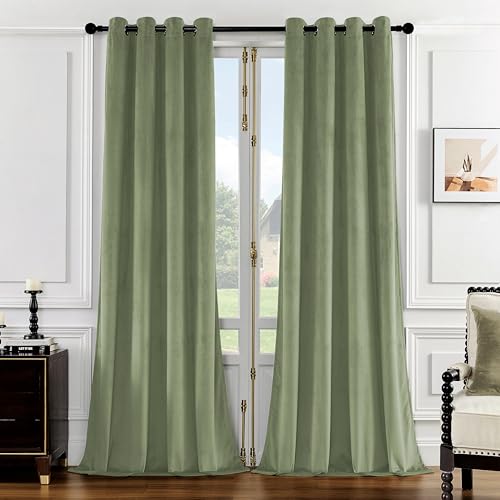 "SMILETIME Sage Green Velvet Curtains 52""x90"" Grommet 2 Panels - OEKO-TEX rust-proof grommets light filtering heat insulated noise reducing, living room bedroom study, machine washable"