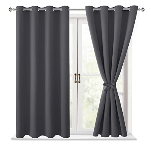 Hiasan Blackout Curtains for Bedroom - Thermal Insulated & Light Blocking Window Curtains for Living Room/Kids Room, 2 Drape Panels Sewn with Tiebacks, Dark Grey, 52 x 45 Inch