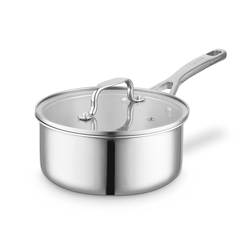 Sur La Table Tri-Ply 20cm Saucepan with Tempered Glass Lid, Satin Interior Finish, Induction Compatible, Stainless Steel, SLT900233