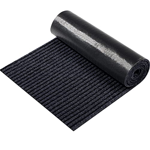 A Roll Large Semi-Finished Striped Door Mat Waterproof Entry Mat with Rubber Lining, Indoor and Outdoor Rug for Wet Weather, Entrance Shoe Scraper, Kitchen, Bathroom (15.8 x 78.8 Inch, Dark Black)