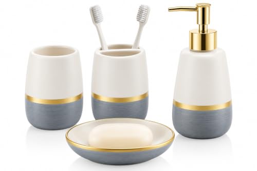 Grey Gold Bathroom accesory Set 4pc,Ceramic Bathroom Accessories Set Gray Bathroom Decor countertop Organize Include Toothbrush Holder soap Dispenser soap Dish Tumbler Cup Best Gift for Bath Storage