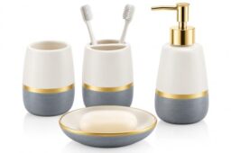Grey Gold Bathroom accesory Set 4pc,Ceramic Bathroom Accessories Set Gray Bathroom Decor countertop Organize Include Toothbrush Holder soap Dispenser soap Dish Tumbler Cup Best Gift for Bath Storage