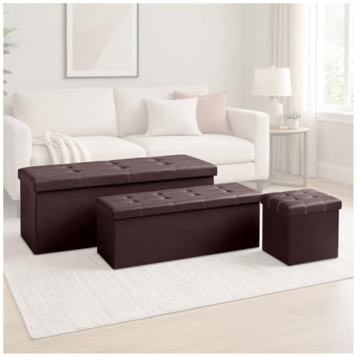 GC GAVENO CAVAILIA Extra Large Ottoman Storage Box With Lids, Chocolate - Faux Leather Fabric Folding Ottoman Storage Bench 110x38x38 cm - Toy Chest Storage Box For Bedroom, Hallway, Entryway