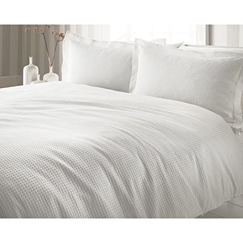 "Riva Home Paoletti Waffle Plain White Super King Size Duvet Cover Set - Waffle Weave Texture - 2 X Oxford Border Pillowcases Included - 100% Cotton - Machine Washable - 260 X 220Cm (102"" X 87"" Inches)"