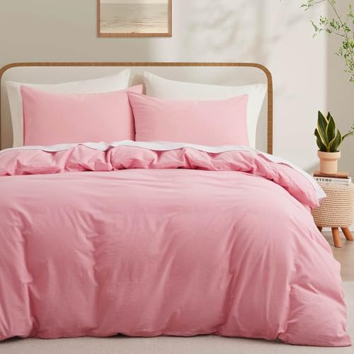 LOVQUE Linen Like Natural Cotton Duvet Cover Set King Size Duvet Cover Set with Zipper (No Comforter) 267 x 228 cm Pink