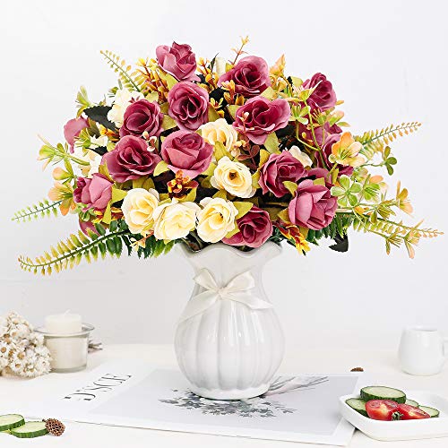 LESING Artificial Silk Rose with Vase Fake Flowers Wedding Flowers Bouquets Arrangement Home Office Party Centerpiece Table Decoration (Violet Red-1)