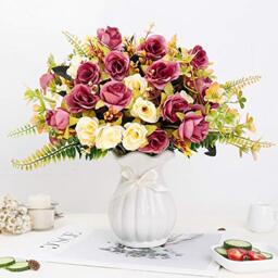 LESING Artificial Silk Rose with Vase Fake Flowers Wedding Flowers Bouquets Arrangement Home Office Party Centerpiece Table Decoration (Violet Red-1)