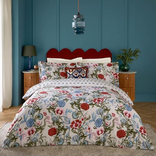 Paoletti Seventy Three Ishana Floral Cotton Rich Duvet Cover Set, Red Currant/French Blue