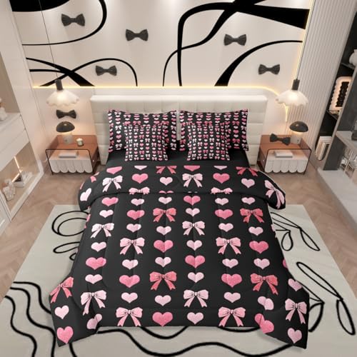 Erosebridal Princess Pink Bowknot Girls Bed in A Bag with Sheets Love Heart Coquette Twin Comforter Set 7 Piece for Kids Teens Women Bow Bedding Set Kawaii Cartoon Butterfly Knot Bed Set