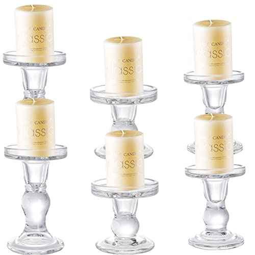 Okllen Set of 6 Glass Candle Holders, Clear Pillar Taper Candlestick Crystal Tealight Candle Holder Stand for Dinner Table, Wedding Centerpieces, Living Room, Home Decor