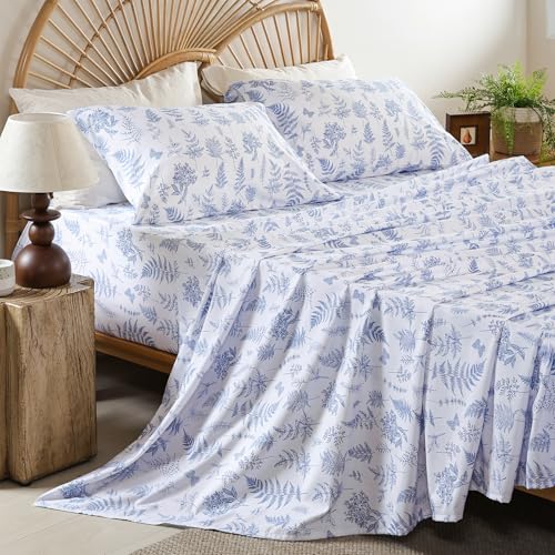Queen Size Sheet Set, 4 Piece Floral Printed Bed Sheets, Deep Pockets - Breathable and Cooling Microfiber, Wrinkle Free, Hotel Luxury Bed Sheet for Women & Men, Oeko-Tex