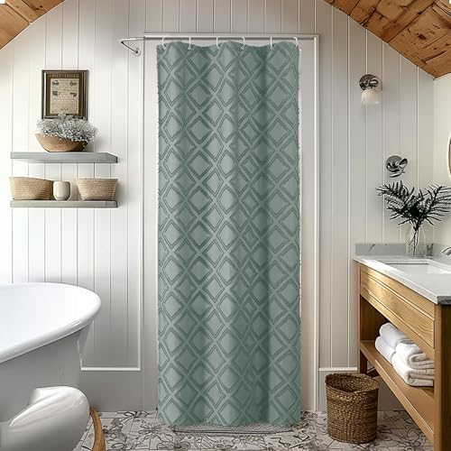 "OWENIE Sage Green Shower Curtain Set for Bathroom, 36"" Width Stall Small Boho Shower Curtain with 12 Hooks, Soft Jacquard Design Fabric Shower Curtain, Machine Washable, Sage Green, 36 W x 72 L"