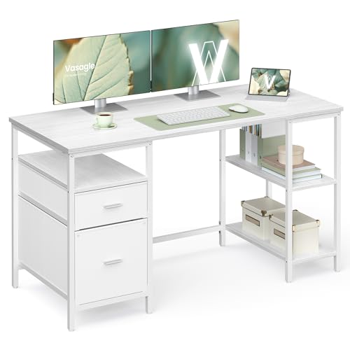 VASAGLE Computer Desk, Work Desk with Storage, 3 Shelves, 2 Drawers, 140 x 60 x 76 cm, for Home Office, Living Room, Modern Style, Maple White and Cloud White LWD104WF01