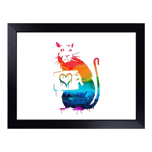 Lap Tray with Bean Bag Cushion, Banksy Rat With Heart Graffiti - Handmade in the UK, Raised Wooden Edge, Padded Cushion, Heat-Resistant Wipe-Clean Surface, for Meals, Laptops and Crafts