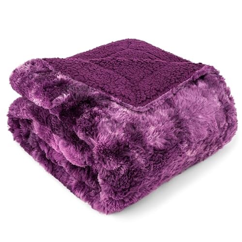 PAVILIA Faux Fur Throw Blanket Twin Tie-Dye Purple, Soft Warm Sherpa Blankets & Throws for Bed, Fluffy Plush Thick Fleece Throw Blanket for Couch Sofa, Reversible Furry Shaggy Blanket, Purple 60x80