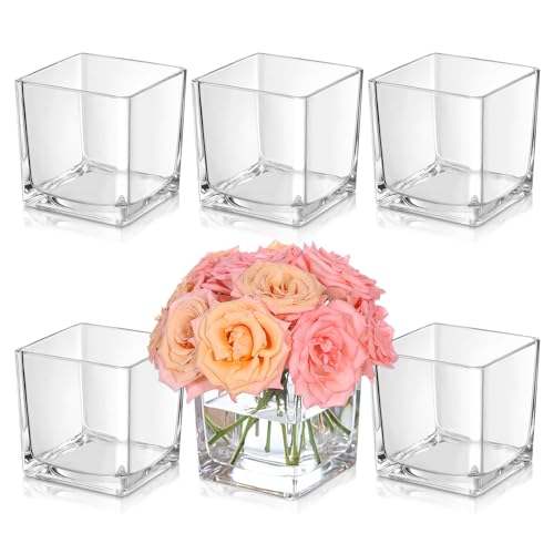 "KEYWING 6 Pack Square Glass Vase 4"" x 4"" x 4"", Clear Flower Vases for Centerpieces, Square Glass Cube Vase Candle Holder for Wedding, Party, Home Office Decoration"