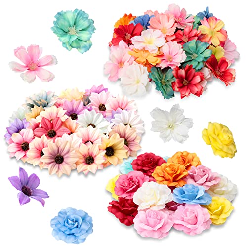 100 Pcs Faux Flower Heads Silk Artificial Plum Blossom Heads DIY Fake Mini Flowers Assorted Silk Decorative Flowers Daisy Roses Craft Supplies for Wedding Party Wreath Cake Vase Decoration (Bright)