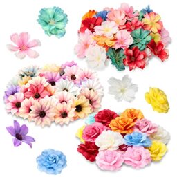 100 Pcs Faux Flower Heads Silk Artificial Plum Blossom Heads DIY Fake Mini Flowers Assorted Silk Decorative Flowers Daisy Roses Craft Supplies for Wedding Party Wreath Cake Vase Decoration (Bright)