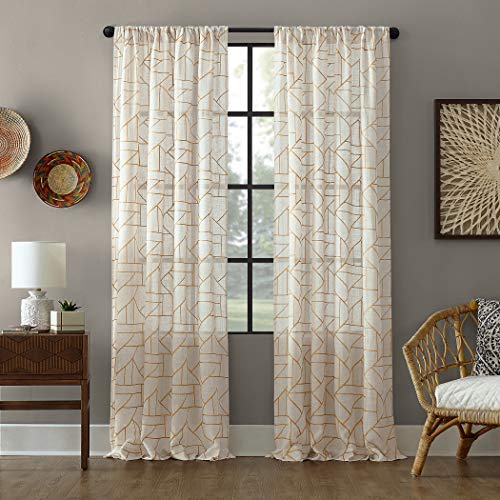 "Archaeo Fragmented Geometric Embroidery Mid-Century Modern Natural Blend Curtain, 94% Polyester, 6, Gold/Linen, 50"" W x 84"" L (Pack of 1)"