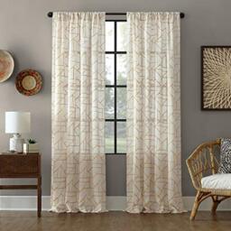 "Archaeo Fragmented Geometric Embroidery Mid-Century Modern Natural Blend Curtain, 94% Polyester, 6, Gold/Linen, 50"" W x 84"" L (Pack of 1)"