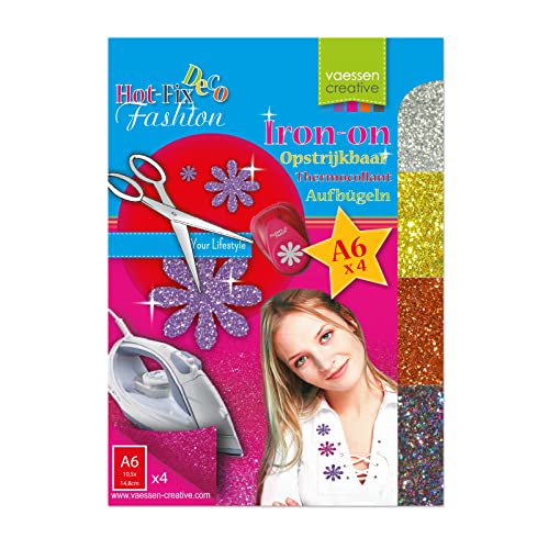 Vaessen Creative Hot-Fix Glitter Transfer Sheet, Plastic, Silver/Gold/Red/Diamond, 14.8 x 10.5 cm, 4 sheets